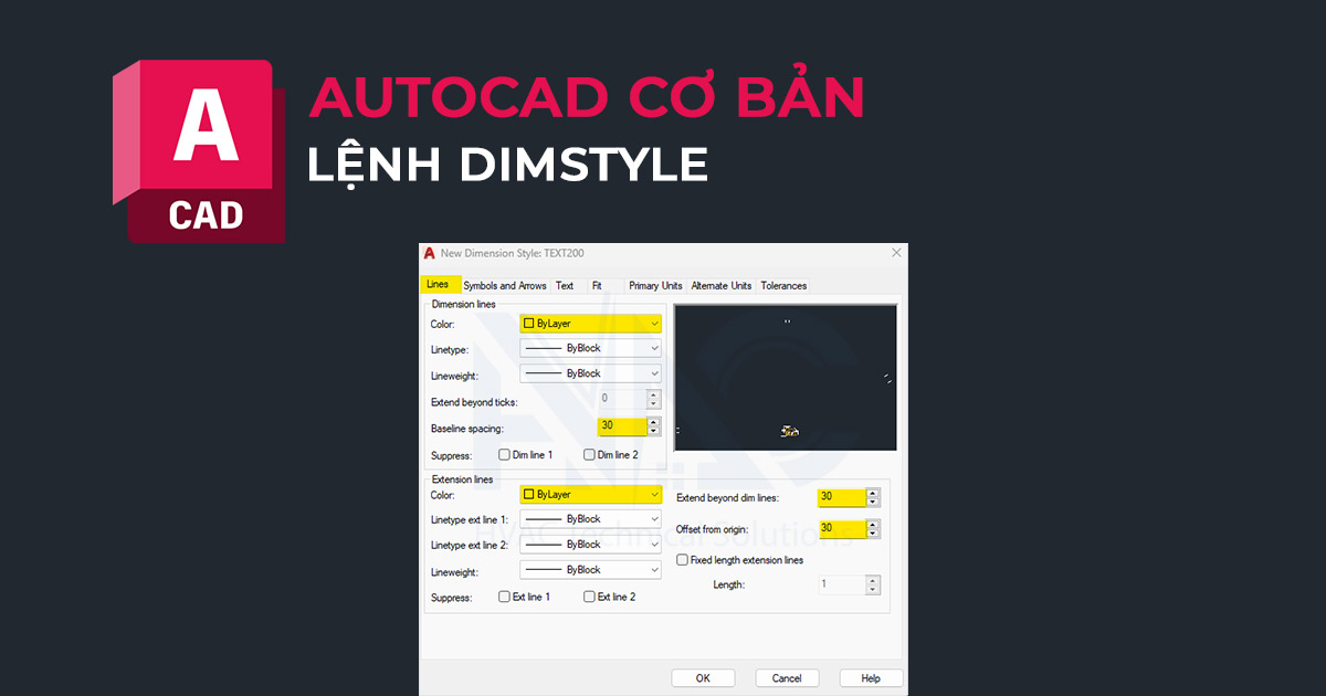 chỉnh dim trong CAD - Dimstyle AutoCAD - Tab Lines