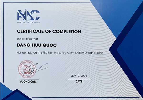 Chứng chỉ khóa học thiết kế hệ thống PCCC và báo cháy - Trung Tâm Đào Tạo Cơ Điện HTS