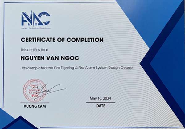 Chứng nhận hoàn thành khóa học thiết kế hệ thống PCCC và báo cháy - Trung Tâm Đào Tạo Cơ Điện HTS