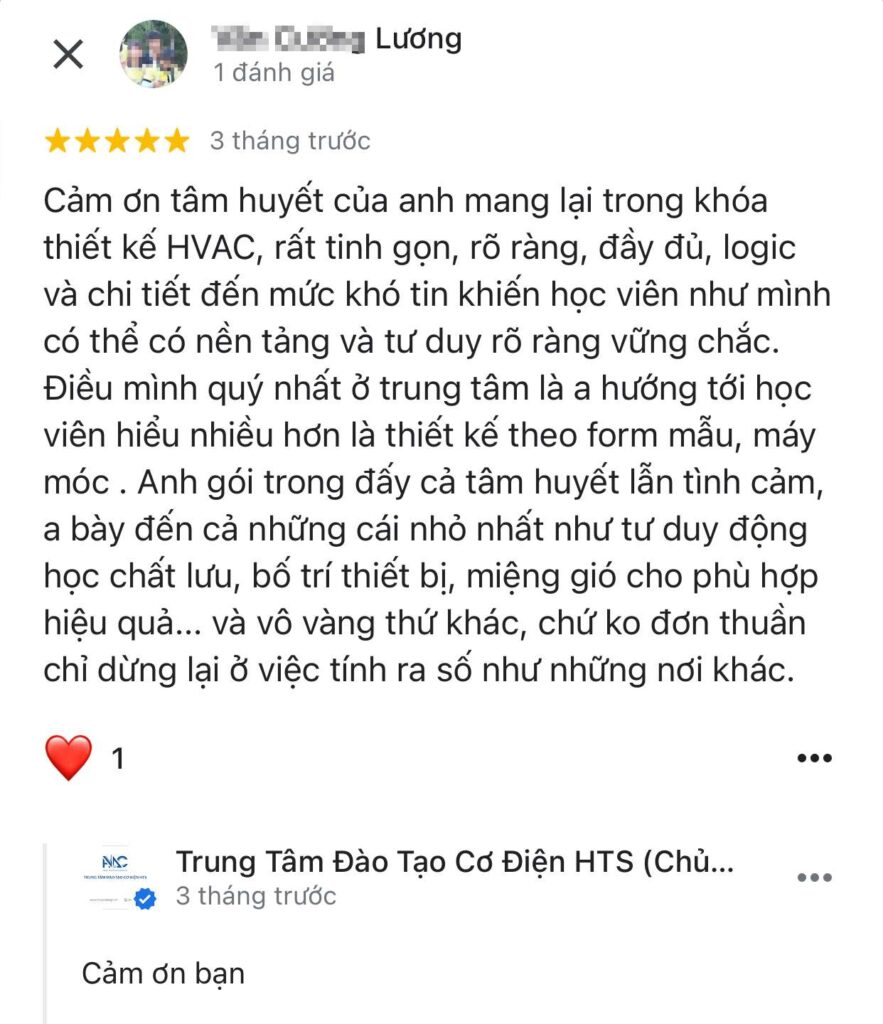 Review đánh giá khóa học thiết kế hệ thống HVAC của KS Vương Cam - Online K11