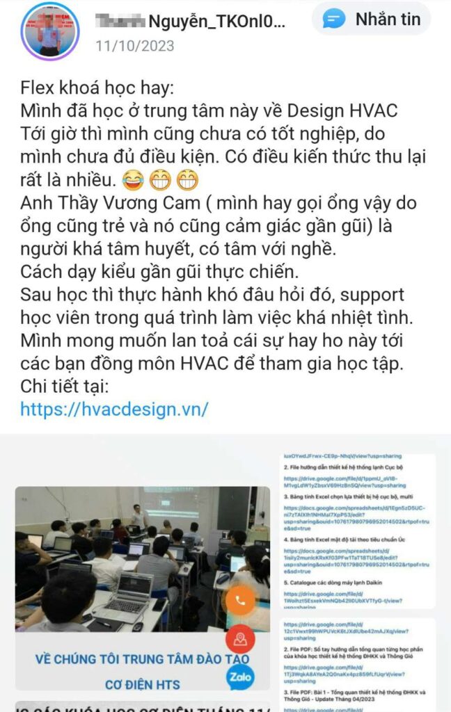 Review khóa học thiết kế hệ thống điều hòa không khí thông gió của KS Vương Cam - Online K09