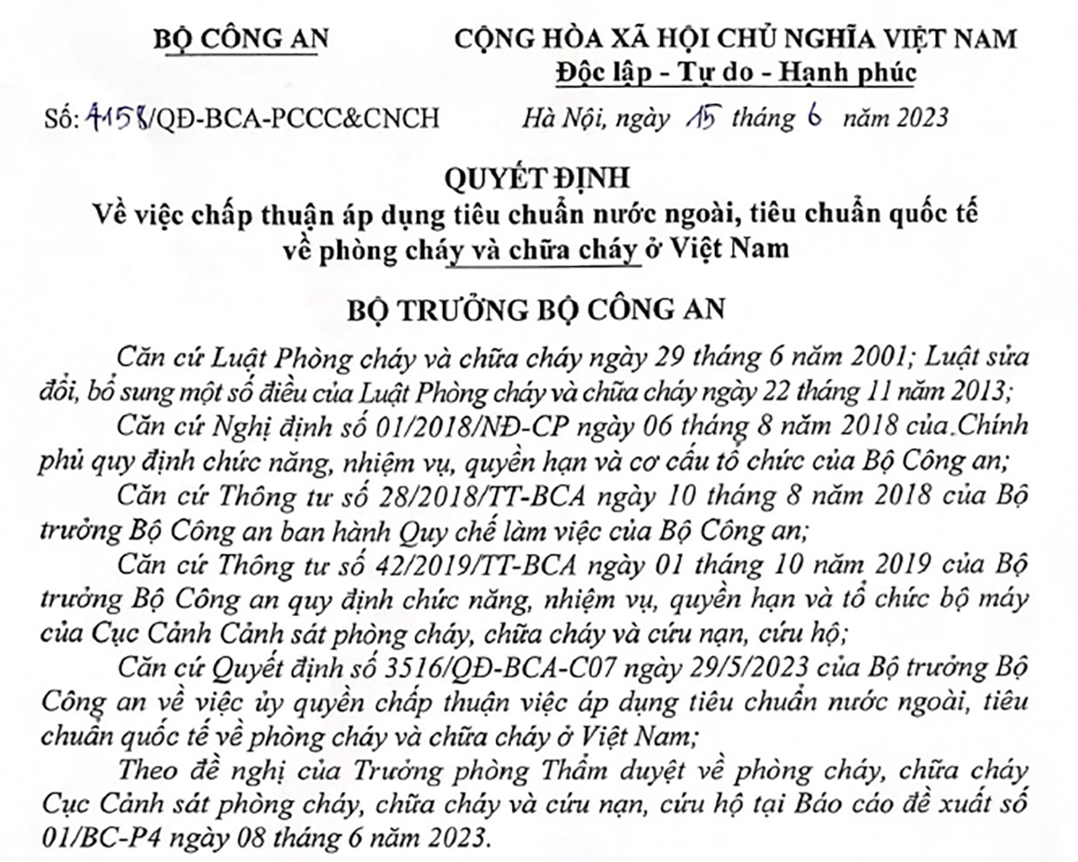 Quyết định 4158/QĐ-BCA-PCCC&CNCH Bộ Công An ngày 15/06/2024 về việc chấp thuận áp dụng tiêu chuẩn nước ngoài, tiêu chuẩn quốc tế về phòng cháy chữa cháy ở Việt Nam