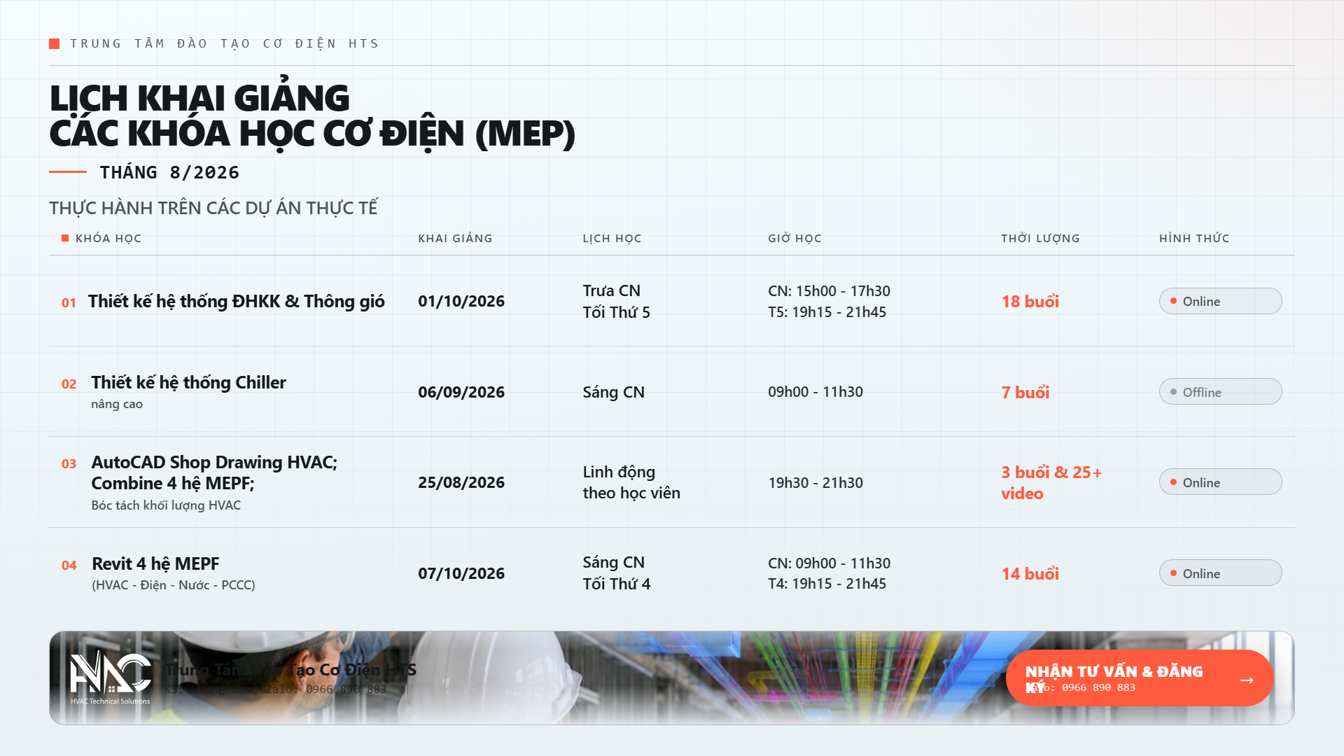 Lịch khai giảng các khóa học thiết kế hệ thống cơ điện MEP: thiết kế hệ thống điều hòa không khí và thông gió HVAC; Thiết kế hệ thống chiller nâng cao; Thiết kế hệ thống điện điện nhẹ; Revit MEP; AutoCAD Shop drawings cơ điện, bóc tách khối lượng công trình xây dựng thực hành tren dự án thực tế